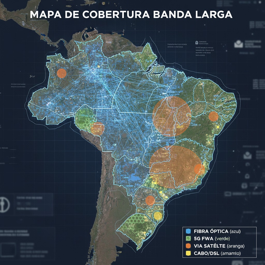 Mapa do Brasil destacando a cobertura de banda larga com linhas azuis de fibra ótica, áreas verdes de 5G FWA, círculos laranjas de via satélite e pontos amarelos de cabo e DSL.